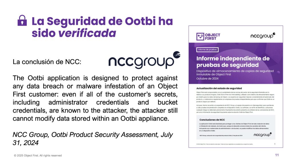 Object First: La seguridad de Ootbi ha sido verificada por NCC Group.